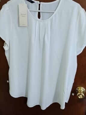 Precious Tops Women's White Pleated Round-Neck Blouse